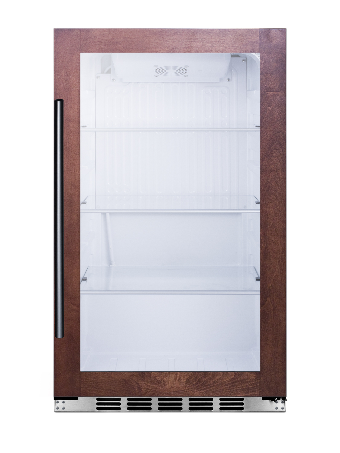 Commercially approved indoor/outdoor beverage cooler for built-in or freestanding use with a shallow 17.75